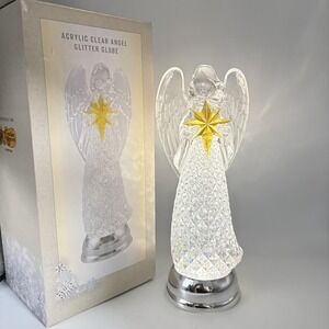 Cracker Barrel Acrylic Clear Angel Glitter Snow Globe LED Light Up Christmas